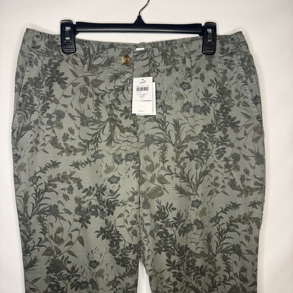 J.Jill Floral Print Ankle Pants Green Stretch Cotton Casual Cropped Size 10 Tall - Picture 2 of 10